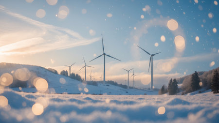 Wind turbines operate in snow-covered landscape during sunset with soft bokeh effects enhancing the wintry atmosphereの素材