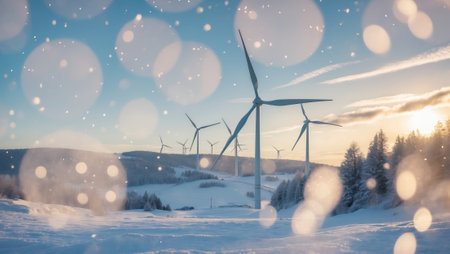 Wind turbines generate renewable energy in snow-covered landscape during golden hourの素材