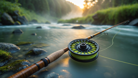 Fly fishing gear rests on the waterâs edge at dawn with mist rising from the serene riverの素材