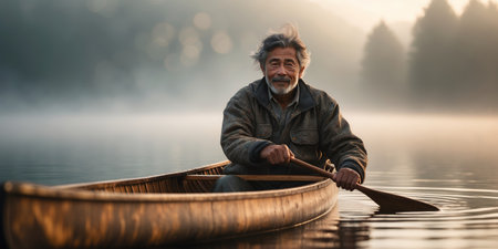 Elderly man paddles a canoe across a serene lake at dawn with mist rising from the water and trees in the backgroundの素材