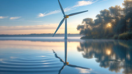 Calm lake at dawn with a wind turbine reflecting in the water surrounded by trees and a serene skyの素材