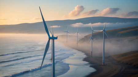 Wind turbines generate renewable energy along a misty coastline at sunrise in a serene landscapeの素材