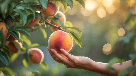 Hand reaches for ripe peach on tree branch during golden hour in serene garden settingの素材