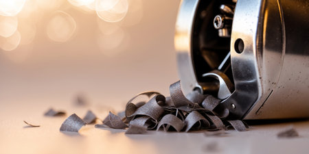 Metal shavings scattered around a pencil sharpener on a light surface under soft ambient lightingの素材