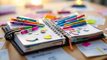 Colorful stationery and creative planning come together on a sunny workspace with bright background elementsの素材