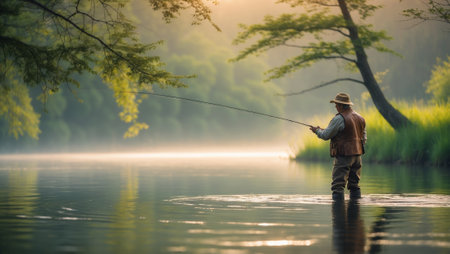 Quiet early morning fishing experience on a serene river with mist and natural beautyの素材