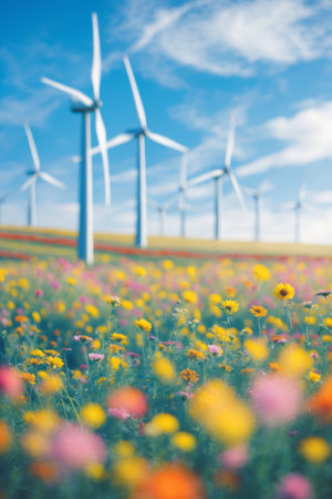 Wind turbines surrounded by vibrant wildflowers under a clear blue sky in a rural landscape during the dayの素材