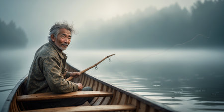 Elderly man fishing peacefully in a misty lake at dawn surrounded by forestの素材