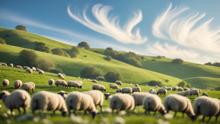 Sheep grazing in a lush green landscape under a bright blue sky with wispy cloudsの素材