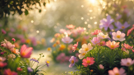 Vibrant garden filled with blooming flowers in soft sunlight during golden hourの素材