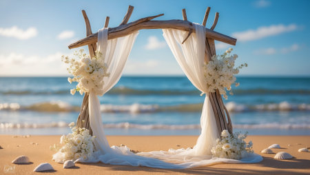 Elegant wedding arch adorned with white flowers on sandy beach by the ocean at sunsetの素材