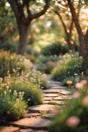 Pathway through a blooming garden surrounded by trees in soft evening lightの素材