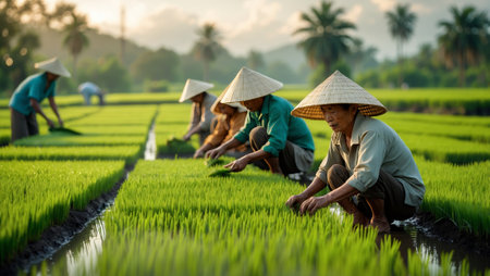 Farmers cultivate rice in lush green fields during sunset in rural Asia, showcasing traditional agricultural methodsの素材