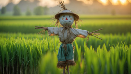 Scarecrow in a rice field during sunset with vibrant green plants surrounding itの素材