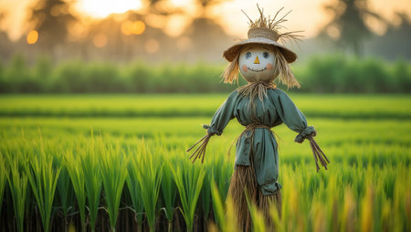 Scarecrow stands guard over lush green rice fields at sunset in rural landscapeの素材