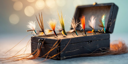Collection of handcrafted fishing flies displayed in a wooden box on a soft surface with glimmering background lightsの素材