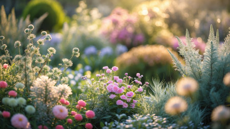 Vibrant garden blooms in soft morning light with an array of colorful flowers and lush greeneryの素材