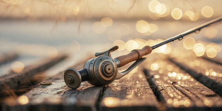 Fishing rod resting on a wooden dock with shimmering water in the background during sunsetの素材
