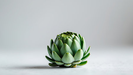 Fresh green artichoke placed on a simple surface showcasing its unique texture and color under natural lightの素材