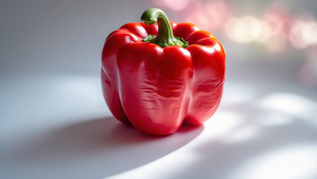 Vibrant red bell pepper resting on a white surface illuminated by soft natural light during morning hoursの素材