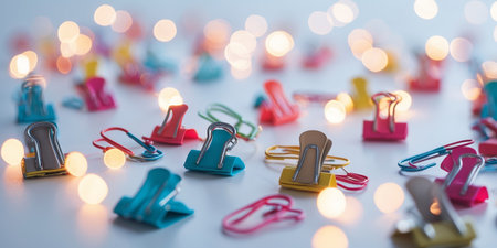 Colorful office supplies scattered on a table with twinkling lights in a relaxing workspace settingの素材