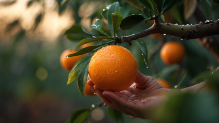 Freshly picked orange shines with dew in a lush orchard during golden hourの素材