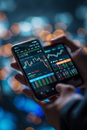 Hands holding two smartphones displaying stock market analytics with blurred city lights in the backgroundの素材