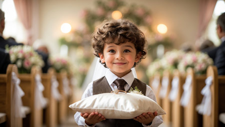 Young boy smiles while holding wedding ring pillow during a ceremony in a beautifully decorated venueの素材
