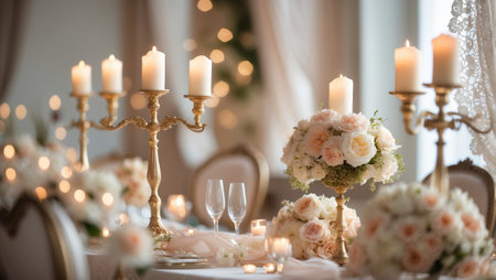 Elegant candlelit wedding reception setup with floral centerpieces and soft lighting creating a romantic atmosphereの素材