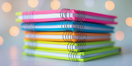 Colorful stacked notebooks with spiral binding on a blurred background during daylightの素材