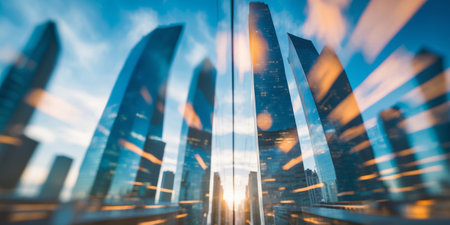 Dynamic city skyline reflects sunset through glass buildings during evening hours in an urban skylineの素材