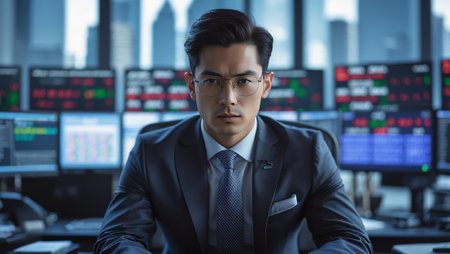 Business professional concentrates on market analysis in a modern financial office during daylight hoursの素材