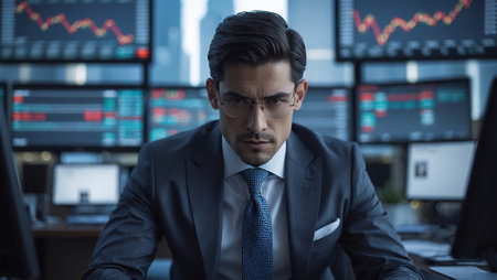 Business professional analyzes data in a high-tech trading room during a busy market dayの素材