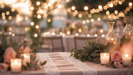 Romantic outdoor evening wedding reception decorated with glowing lights and elegant floral arrangements near duskの素材
