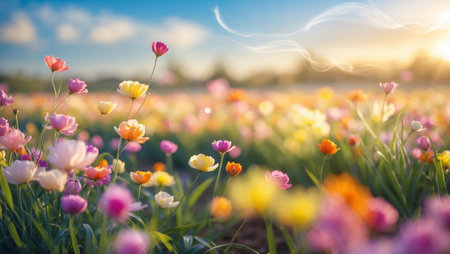 Colorful spring flowers bloom in a vibrant field during sunset in a rural landscapeの素材
