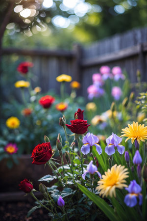 Vibrant garden full of blooming flowers bathed in soft sunlight during early afternoon in a backyard settingの素材