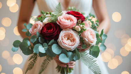 Beautiful bridal bouquet with roses and greenery at a wedding ceremony in a softly lit venueの素材