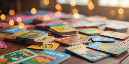 Colorful childrens cards spread across a wooden table during a cozy indoor gathering in the eveningの素材