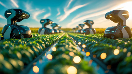 Innovative robots working in a vibrant agricultural field at sunset enhancing crop production efficientlyの素材
