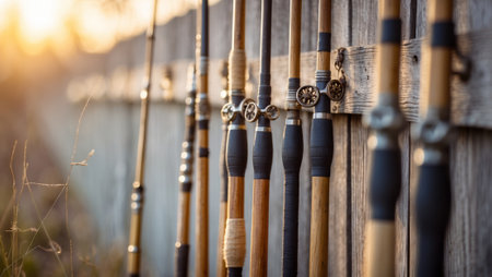 Collection of fishing rods lined up against a rustic wooden fence during sunset in a tranquil outdoor settingの素材