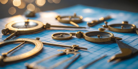 Vintage drawing tools arranged on a blue grid surface with bokeh lights in the background during golden hourの素材