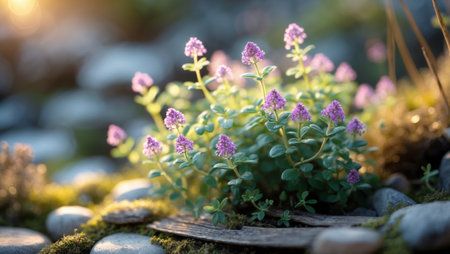 Purple flowers bloom amongst smooth stones in a serene garden setting during golden hourの素材