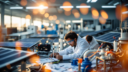 Researcher analyzes solar energy technology in modern laboratory during late afternoonの素材