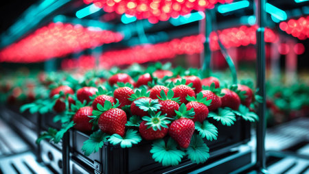 Brightly lit strawberry greenhouse showcasing ripe fruit during evening hoursの素材