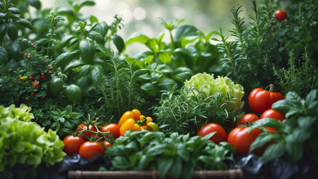 Freshly harvested vegetables and herbs arranged beautifully in a garden setting during middayの素材