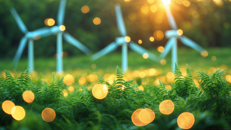 Wind turbines stand tall in a lush green field during golden hour with soft bokeh effect from sunlightの素材
