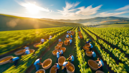 Workers harvest grapes in a scenic vineyard during golden hour on a sunny dayの素材