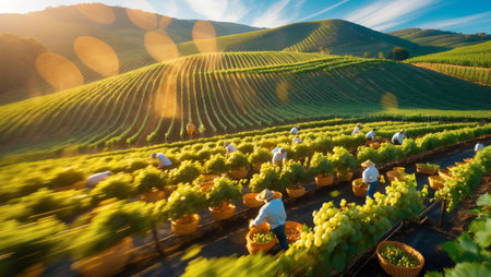 Workers harvest grapes in a lush vineyard during golden hour under a clear sky in a scenic landscapeの素材