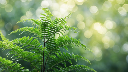 Bright green fern leaves growing in a lush forest with soft bokeh lighting during the dayの素材