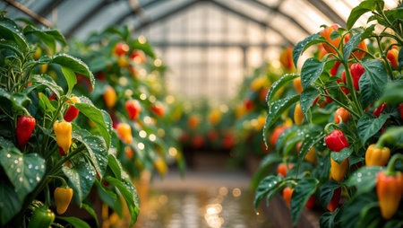 Colorful bell peppers thriving in a greenhouse with sunlight filtering through glass panelsの素材